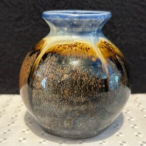 Handmade Blue & Brown Glazed Art Pottery, Round Bud vase Vintage